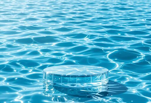 vacío claro vaso redondo podio en azul transparente agua con olas en luz de sol, cosmético o belleza producto presentación, verano productos ideas foto
