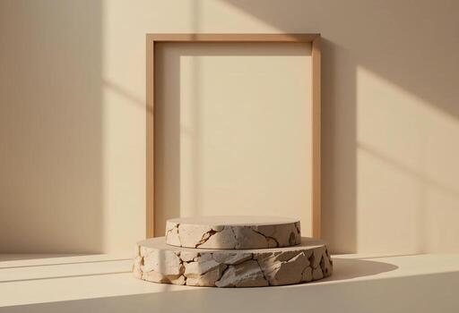 podio Roca monitor con madera marco en beige fondo, cosmético belleza producto promoción pedestal con Dom sombra foto