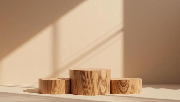 Tres madera pedestal podio en natural sombra pastel beige fondo, verano producto promoción belleza cosmético de madera mostrar, mínimo escaparate anuncio foto