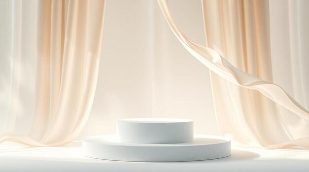 vacío blanco redondo podio con fluido seda paño cortina, belleza producto presentación foto