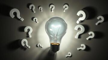 A 3D light bulb, magnified, emits light beams, surrounded by floating question marks, overhead bird eye view, strong hard light, direct harsh shadows photo