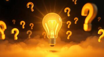 A 3D light bulb, magnified, emitting light beams, surrounded by floating question marks, in a dreamlike surreal style with warm golden hour light, soft light, and fantastical elements photo