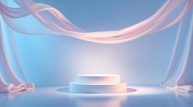 vacío pastel azul podio con volador seda paño cortina, exhibiendo un cosmético producto presentación estar foto
