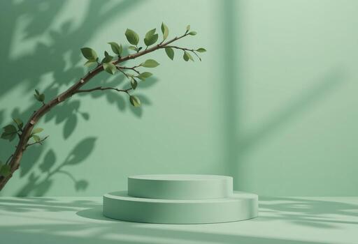 verde redondo podio monitor en verde fondo, natural rama con hojas, cosmético, belleza producto promoción foto