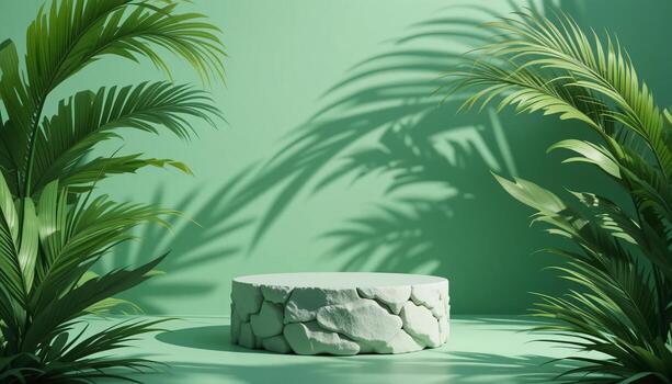 rock pedestal podio en tropical pastel verde fondo, exótico natural palma hoja sombra, cosmético o belleza producto presentación foto