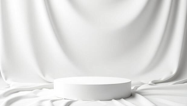 vacío redondo podio estar para productos cosméticos producto presentación en suave elegante blanco paño tela antecedentes foto