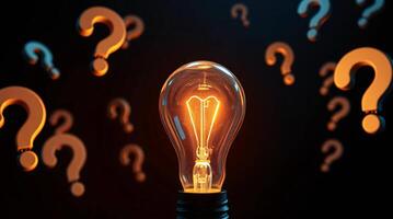 A 3D light bulb, magnified, emits light beams, surrounded by floating question marks, in a dramatic cinematic style, representing curiosity and inquiry photo