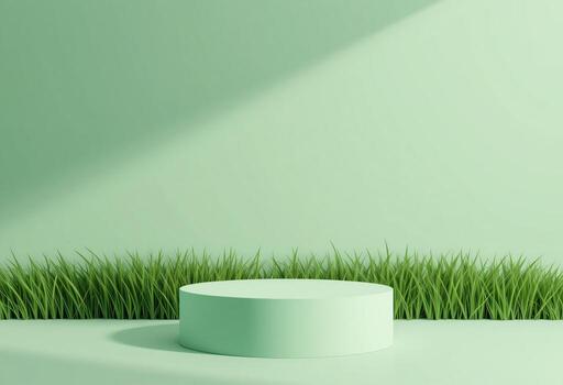 redondo podio con pastel verde fondo, natural verde césped, naturaleza mínimo pedestal, belleza, cosmético producto presentación con sombra foto