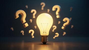 A highly detailed, glossy 3D light bulb with a glowing, radiant filament, emitting vibrant, shimmering light beams in a radial pattern, surrounded by floating question marks photo