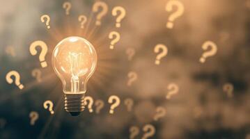 A 3D light bulb, magnified, emits light beams, surrounded by floating question marks, blurred bokeh effect, volumetric lighting, visible light beams through dust or fog photo