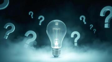 A 3D light bulb, magnified, emitting light beams, surrounded by floating question marks, in thick foggy surroundings with low visibility, Symbolizing how to think of ideas to overcome obstacles photo