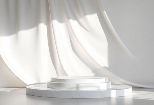 vacío blanco mármol podio con lujo seda paño en movimiento, mínimo Roca pedestal para naturaleza belleza, cosmético producto presentación foto