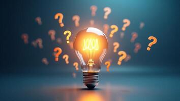 A highly detailed, glossy 3D light bulb with a glowing, radiant filament, emitting vibrant, surrounded by a swarm of floating question marks, Symbolizing how to think of ideas to overcome obstacles photo