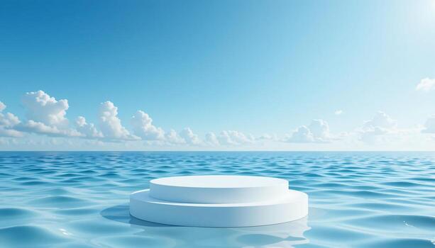 blanco podio en mar o Oceano con azul cielo fondo, ondulado agua, belleza, cosmético producto presentación, verano productos presentación ideas foto
