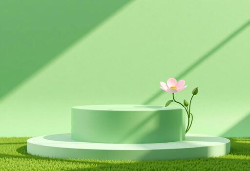 verde redondo podio y flor en césped con verde fondo, Dom ligero y sombra, naturaleza mínimo pedestal, belleza, cosmético producto presentación foto