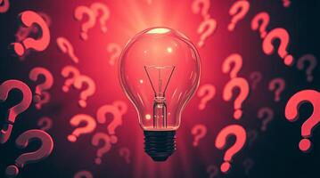 A light bulb surrounded by floating question marks, surreal infrared tones with intense dramatic lighting, Innovation and new ideas concepts photo