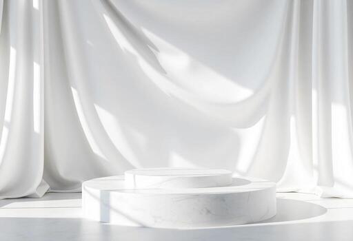 vacío blanco mármol podio con lujo seda paño en movimiento, mínimo Roca pedestal para naturaleza belleza, producto presentación y demostración foto
