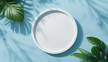 Top view of white product display on blue background, Green leaf and shadow, Cosmetic product presentation photo