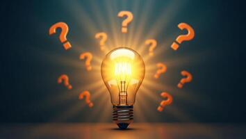 A highly detailed, glossy 3D light bulb with a glowing, radiant filament, emitting vibrant, shimmering light beams in a radial pattern, surrounded by a swarm of floating question marks photo