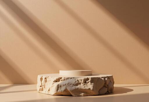 podio Roca monitor en marrón fondo, beige roca, cosmético belleza producto promoción pedestal con Dom sombra, promoción monitor foto