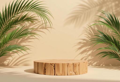 madera pedestal podio en natural palma hoja sombra pastel beige fondo, tropical producto promoción belleza productos cosméticos de madera mostrar, mínimo escaparate anuncio foto