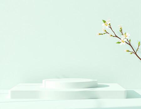 pastel verde podio con flor rama con sombra, cosmético o belleza producto promoción paso pedestal, verano anuncio fondo foto
