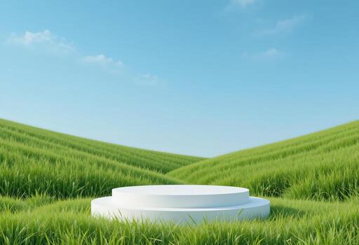 vacío redondo blanco podio en natural verde césped, naturaleza azul cielo mínimo pedestal, belleza, cosmético producto presentación, verano paisaje foto