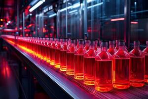 Modern Juice Bottling Line with Rows of Vibrant Bottles on High-Tech Conveyor System photo