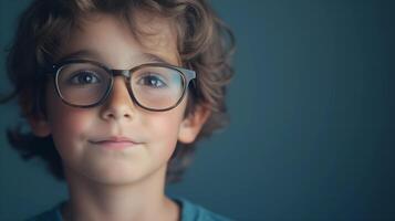 Thoughtful Young Boy with Glasses Highlighting Curiosity and Education in a Minimalistic Portrait photo