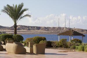 Relax on the beach with umbrellas and sun loungers photo