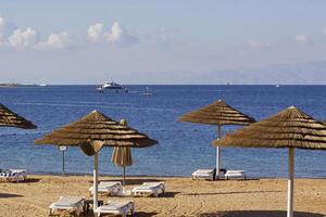 Relax on the beach with umbrellas and sun loungers photo