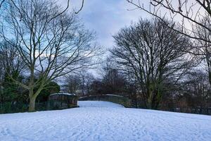Snow-Covered Landscape with Stone Bridge and Deciduous Trees in Harrogate, UK. photo
