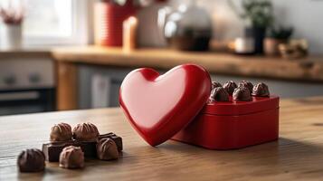 Romantic Valentine's Day Gift Setup Featuring Heart-Shaped Chocolate Box and Assorted Treats on Wooden Table in Cozy Kitchen Setting photo