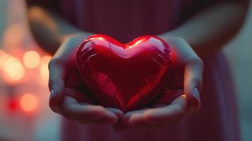 Close-Up of Hands Gently Holding a Shiny Red Heart Against a Softly Blurred Background Filled with Warm Lights and Heartfelt Emotions in an Elegant Scene photo