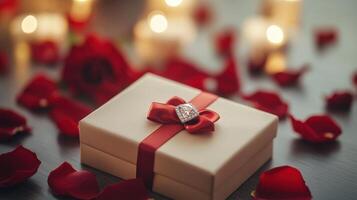 Romantic Gift Box Surrounded by Rose Petals and Gentle Candlelight, Perfect for Celebrating Love and Special Occasions with a Touch of Elegance and Charm photo