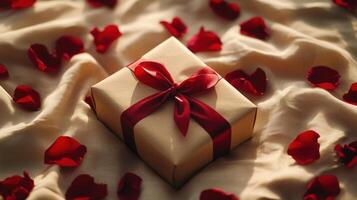 Romantic Gift Box Tied with a Red Ribbon Surrounded by Rose Petals on a Soft Fabric Background Perfect for Love Occasions and Celebrations photo