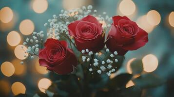 Close-Up Shot of Beautifully Arranged Red Roses Surrounded by Delicate Baby's Breath Against a Softly Blurred Background of Glittering Lights photo