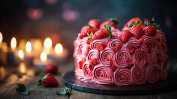 Heart-Shaped Cake with Vibrant Pink Frosting and Fresh Strawberries Surrounded by Soft Candlelight, Perfect for Celebrations and Special Occasions photo