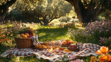 Whimsical Outdoor Picnic Setup in a Lush Park Surrounded by Blooming Flowers and Majestic Trees, Perfect for a Relaxing Gathering in Nature photo