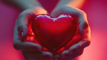 Close-Up Photography of Hands Gently Holding a Shiny Red Heart in Soft Lighting for Romantic and Emotional Imagery photo