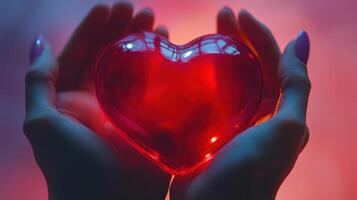 Close-Up of Hands Gently Holding a Shiny Red Heart Against a Softly Lit Background, Symbolizing Love, Care, and Emotion in a Captivating Visual Experience photo
