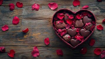 Heart-Shaped Box of Chocolates Surrounded by Rose Petals on Rustic Wooden Table, Perfect for Romantic Occasions and Sweet Celebrations photo