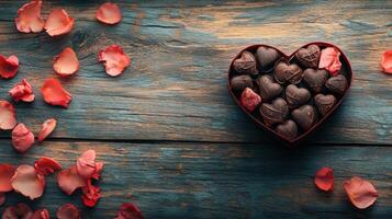 Heart-Shaped Chocolate Box Surrounded by Rose Petals on Rustic Wooden Table for Romantic Occasions and Celebrations photo