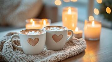 Cozy Coffee Setup with Two Heart-Embellished Mugs on a Table Surrounded by Soft Knitted Blanket and Warm Candlelight Glow Creating a Relaxing Atmosphere photo