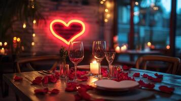 Romantic and Luxurious Valentine's Day Dinner Setting with Romantic Ambiance, Elegantly Decorated Table, and Heart-Shaped Neon Light for Intimate Celebrations photo