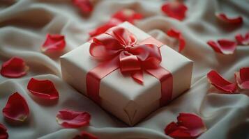 Beautifully Wrapped Romantic Gift Box Tied with a Red Ribbon Surrounded by Rose Petals on a Soft Fabric Background for Special Occasions photo
