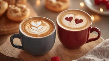 Charming Coffee Shop Scene Showcasing Two Cups of Beautifully Crafted Lattes with Heart Designs and Tasty Pastries in a Cozy Atmosphere photo