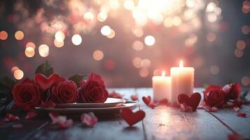 Romantic Table Setting with Candles and Red Roses for a Sweet Evening Celebration or Intimate Dinner Ambiance with Soft Lighting and Heart Decorations photo