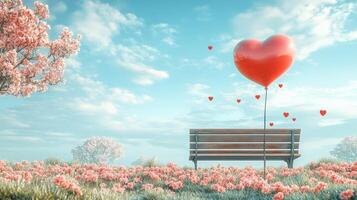 Serene Park Scene with a Vintage Bench Surrounded by Blooming Flowers and Heart-Shaped Balloons in a Clear Blue Sky photo