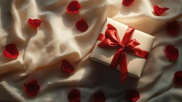 Romantic Gift Box Tied with a Red Ribbon Surrounded by Rose Petals on a Soft Fabric Background Creates an Elegant Atmosphere for Special Occasions photo